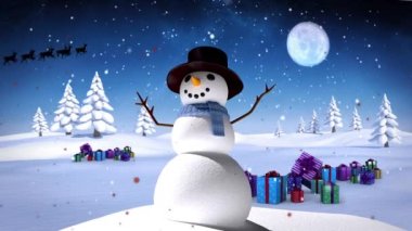 Kış manzarasında gülen kardan adamların üzerine yağan kar animasyonu. Noel, kış, gelenek ve kutlama konsepti dijital olarak oluşturulmuş video.