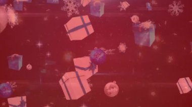 Yılbaşı hediyelerinin animasyonu, kırmızı filtreyle arka plandan düşen toplar ve kar. Noel, kış, gelenek ve kutlama konsepti dijital olarak oluşturulmuş video.