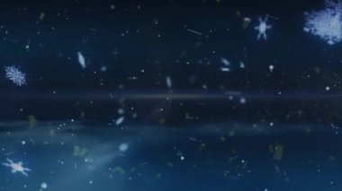 Siyah arka planda konfeti ve kar taneleri animasyonu. Noel, kış, gelenek ve kutlama konsepti dijital olarak oluşturulmuş video.