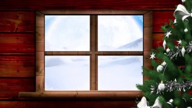 Kızakta Noel Baba 'nın animasyonu. Kar yağarken ren geyiği, pencereden ay görünürken. Noel, gelenek ve kutlama konsepti dijital olarak oluşturuldu.