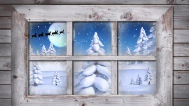 Pencere manzarası ve Noel dekorasyonu animasyonu. Noel, kış, gelenek ve kutlama konsepti dijital olarak oluşturulmuş video.
