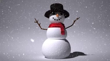 Gri arka planda şapka takan kardan adamın üzerine kar yağıyor. Noel şenliği ve kutlama konsepti