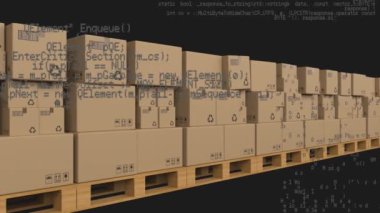 Taşıyıcı banttaki karton kutuların üzerinde veri işleme animasyonu. küresel gönderim ve bağlantılar konsepti dijital olarak oluşturulmuş video.