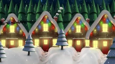 Kızakta Noel Baba 'nın animasyonu. Kar yağarken ren geyiği ve peri ışıklarıyla kaplı evler. Noel, gelenek ve kutlama konsepti dijital olarak oluşturuldu.