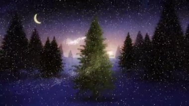 Kar ve yıldızların kış manzarasında Noel ağacının üzerine düşmesi ve Noel süslemesi. Noel, gelenek ve kutlama konsepti dijital olarak oluşturuldu.