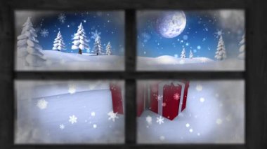 Hediyeler ve kış manzarasının pencere manzarasının animasyonu. Pencere manzarası ve Noel dekorasyonu animasyonu. Noel, kış, gelenek ve kutlama konsepti dijital olarak oluşturulmuş video.