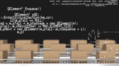 Taşıyıcı bantlardaki karton kutuların üzerinde veri işleme animasyonu. küresel gönderim ve bağlantılar konsepti dijital olarak oluşturulmuş video.