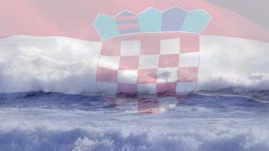 Sahilde dalgalanan Hırvat bayrağının animasyonu. seyahat, tatiller, vatanseverlik ve dijital olarak üretilen video konsepti.