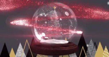 Kar ve köknar ağaçlarının üzerine düşen Noel ağacı ile kar küresinin animasyonu. Noel, gelenek ve kutlama konsepti dijital olarak oluşturuldu.