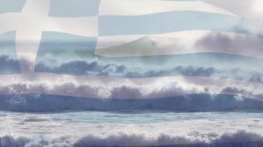 Denizde dalgalanan Yunan bayrağının animasyonu. seyahat, tatiller, vatanseverlik ve dijital olarak üretilen video konsepti.