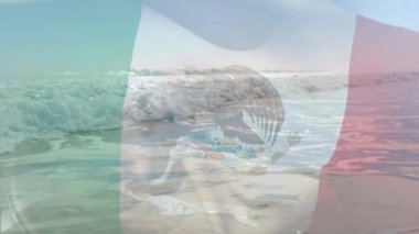 Denizde dalgalanan Meksika bayrağının animasyonu. seyahat, tatiller, vatanseverlik ve dijital olarak üretilen video konsepti.