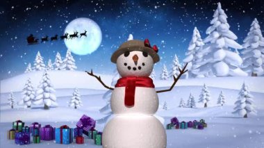 Kış manzarasında kardan adamın üzerine yağan kar animasyonu. Noel, gelenek ve kutlama konsepti dijital olarak oluşturuldu.