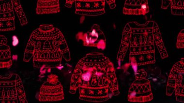 Parlayan pembe kalpler üzerinde kazak ve şapka animasyonu. Noel, gelenek ve kutlama konsepti dijital olarak oluşturuldu.