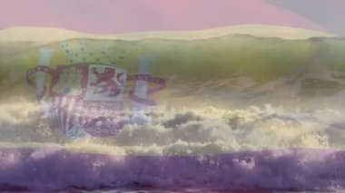 Sahilde dalgalanan İspanya bayrağının animasyonu. seyahat, tatiller, vatanseverlik ve dijital olarak üretilen video konsepti.