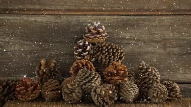 Tahta yüzeyde birden fazla kozalağın üzerine kar yağıyor. Noel bayramı geleneği ve kutlama konsepti