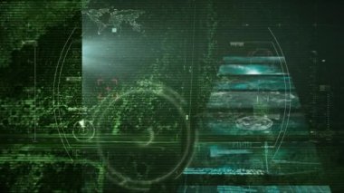 Şehrin her yerinde tarama ve veri işleme alanlarının animasyonu. küresel internet güvenliği, kimlik, veri işleme ve teknoloji konsepti dijital olarak oluşturulmuş video.