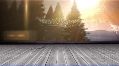 Kış manzarası ve tahta yüzey üzerinde kayan yıldızın animasyonu. Noel, gelenek ve kutlama konsepti dijital olarak oluşturuldu.