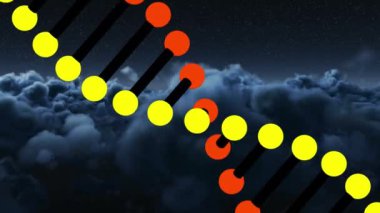 Bulutlu gökyüzünde dönen DNA iplikçiklerinin canlandırması. tıbbi araştırma, iletişim ve dijital arayüz teknolojisi konsepti dijital olarak oluşturulmuş video.