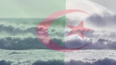 Denizlerde dalgalanan Cezayir bayrağının animasyonu. seyahat, tatiller, vatanseverlik ve dijital olarak üretilen video konsepti.