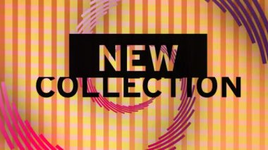 Turuncu zemin üzerinde soyut şekiller bulunan siyah harflerle yeni koleksiyon metinlerinin animasyonu. Çevrimiçi alışveriş ve perakende iletişim konsepti dijital olarak oluşturulmuş video.