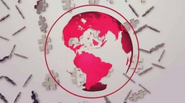 Yapboz parçalarının üzerindeki dünyanın animasyonu iş adamlarının tokalaştığını gösteriyor. küresel iş, finans, bağlantılar ve dijital olarak üretilen video konsepti.