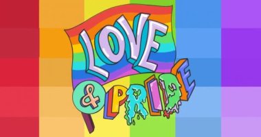 Gökkuşağı çizgileri üzerinde bayrak olan aşk ve gurur metninin animasyonu. lgbtq gurur ve eşitlik kutlaması konsepti dijital olarak oluşturulmuş video.
