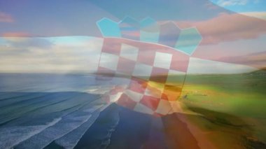 Deniz manzarasında dalgalanan Hırvat bayrağının animasyonu. seyahat, tatiller, vatanseverlik ve dijital olarak üretilen video konsepti.