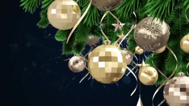 Karanlık arka planda havai fişeklerin üzerinde noel süslerinin canlandırılması. Noel, gelenek ve kutlama konsepti dijital olarak oluşturuldu.