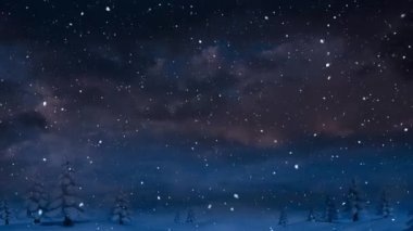 Kış manzarasında köknar ağaçlarının üzerine düşen kar animasyonu. Noel, gelenek ve kutlama konsepti dijital olarak oluşturuldu.