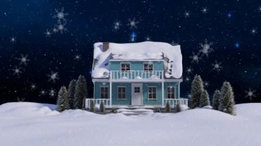 Kış manzarasında karla kaplı evin üzerine yağan kar animasyonu. Noel, kış, gelenek ve kutlama konsepti dijital olarak oluşturulmuş video.