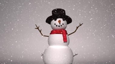 Gri arka planda şapka takan kardan adamın üzerine kar yağıyor. Noel şenliği ve kutlama konsepti