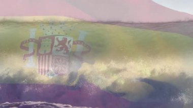 Sahilde dalgalanan İspanya bayrağının animasyonu. seyahat, tatiller, vatanseverlik ve dijital olarak üretilen video konsepti.