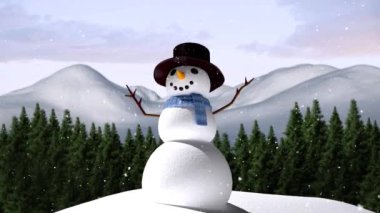 Kardan adamla kış manzarasının animasyonu. Noel, kış, gelenek ve kutlama konsepti dijital olarak oluşturulmuş video.