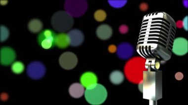 Retro metalik mikrofon renkli ışık noktalarına karşı siyah arkaplan. müzik etkinliği ve kutlama konsepti