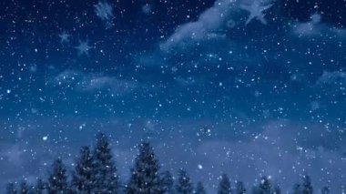 Mavi gökyüzünde parlayan yıldızların üzerine yağan karın animasyonu. Noel, gelenek ve kutlama konsepti dijital olarak oluşturuldu.