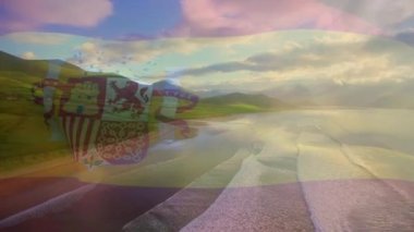 İspanya bayrağının animasyonu plaj manzarasında dalgalanıyor ve bulutlu mavi gökyüzü. Vatanseverlik, bağımsızlık ve kutlama konsepti dijital olarak oluşturulmuş imaj.