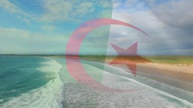 Sahilde dalgalanan Cezayir bayrağının canlandırması. seyahat, tatiller, vatanseverlik ve dijital olarak üretilen video konsepti.