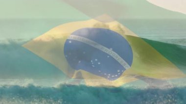 Denizde dalgalanan Brezilya bayrağının animasyonu. seyahat, tatiller, vatanseverlik ve dijital olarak üretilen video konsepti.