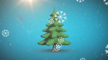 Mavi arka planda Noel ağacının üzerine düşen kar animasyonu. Noel, kış, gelenek ve kutlama konsepti dijital olarak oluşturulmuş video.