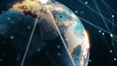 Dünya üzerindeki noktalarla olan bağlantı ağının animasyonu. küresel bağlantılar, ağlar, veri işleme ve dijital arayüz konsepti dijital olarak oluşturulmuş video.