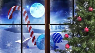 Kış manzarası animasyonu ve pencereden görülen noel süsü. Noel, gelenek ve kutlama konsepti dijital olarak oluşturuldu.