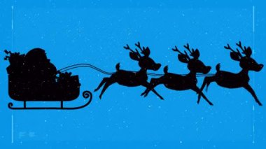 Noel Baba 'nın kızaktaki animasyonu. Ren geyiği ve mavi arka planda kar yağıyor. Noel, kış, gelenek ve kutlama konsepti dijital olarak oluşturulmuş video.