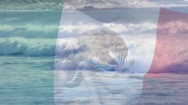 Deniz manzarası dalgalanan Meksika bayrağının canlandırması. seyahat, tatiller, vatanseverlik ve dijital olarak üretilen video konsepti.