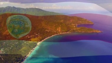 Deniz manzarasında dalgalanan belize bayrağının animasyonu. seyahat, tatiller, vatanseverlik ve dijital olarak üretilen video konsepti.