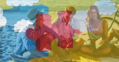 Mutlu arkadaşların tablet kullanması üzerine renkli yapboz parçaları animasyonu. otizm, öğrenme güçlüğü, destek ve farkındalık kavramı dijital olarak oluşturulmuş video.