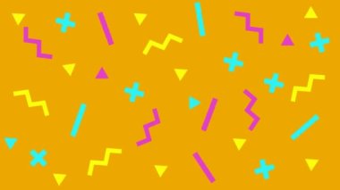 Turuncu arka planda sarı, mavi ve mor renkli şekillerin animasyonu. hareket ve enerji, soyut arkaplan kavramı dijital olarak oluşturulmuş video