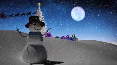 Kış manzarasında kardan adamın üzerine yağan kar animasyonu. Noel, gelenek ve kutlama konsepti dijital olarak oluşturuldu.