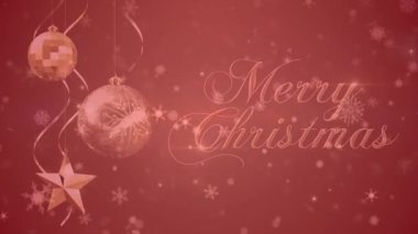 Kırmızı filtreli arka planda noel baloları olan mutlu noel mesajlarının animasyonu. Noel, kış, gelenek ve kutlama konsepti dijital olarak oluşturulmuş video.