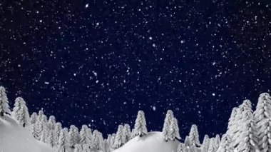 Kış mevsiminde birden fazla ağacın üzerine düşen kar mavi arka planda. Noel şenliği ve kutlama konsepti
