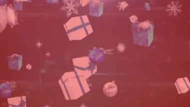 Yılbaşı hediyelerinin animasyonu, kırmızı filtreyle arka plandan düşen toplar ve kar. Noel, kış, gelenek ve kutlama konsepti dijital olarak oluşturulmuş video.